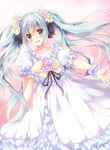  :d aqua_hair blue_eyes blue_hair blush collarbone dress flower hand_on_own_chest hatsune_miku highres long_hair looking_at_viewer maruki_(punchiki) open_mouth outstretched_arm pink_flower pink_rose rose smile solo twintails very_long_hair vocaloid wrist_cuffs 