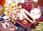  artist_name blonde_hair blue_eyes blurry cake casual character_doll character_name checkered checkered_floor couch cup depth_of_field food full_body fungus_(vocaloid) genderswap genderswap_(ftm) genderswap_(mtf) gompang-i happy_birthday heart heart_hands long_hair looking_at_viewer lying saban seeu shorts smile solo striped striped_legwear sweets teacup thighhighs twintails vertical-striped_legwear vertical_stripes very_long_hair vocaloid zeeu 