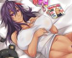  bed breasts coca-cola cola_(exaxuxer) controller dark_skin exaxuxer glasses highres huge_breasts long_hair lying magazine navel on_back on_bed original pillow pubic_hair purple_eyes purple_hair remote_control smile solo stuffed_animal stuffed_toy tank_top teddy_bear 