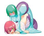  blush bottomless breasts girl_on_top goo_girl green_hair implied_futanari lamia large_breasts monster_girl multiple_girls nipples nude okayado open_mouth original red_hair restrained see-through shirt slime slit_pupils tail tears top-down_bottom-up wet wet_clothes wet_shirt wince yellow_eyes yuri 