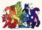  &lt;3 anthro ass_up bent_over bipedal blue_eyes blue_fur brown_pawpads canine countershading couple crouching digital_media_(art) dipstick_tail ear_fluff embrace eye_contact fox friends full-length_portrait fur gloves_(marking) green_eyes green_fur group group_hug kneeling kwik male mammal markings nude open_mouth orange_eyes orange_fur pictographics plain_background playful purple_fur rainbow red_eyes red_fur side_view sitting snout socks_(marking) standing tail_hug upside_down white_background white_countershading white_markings yellow_fur 