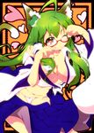  ahoge animal_ears bespectacled breasts cat_ears cat_tail cleavage collarbone detached_sleeves frog_hair_ornament glasses green_eyes green_hair grin hair_ornament haruyonoto kochiya_sanae large_breasts long_hair navel one_eye_closed panties smile solo tail touhou underwear very_long_hair white_panties wide_sleeves 