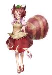  animal_ears bottle brown_hair full_body futatsuiwa_mamizou glasses hiepita_(1014) highres leaf leaf_on_head raccoon_ears raccoon_tail red_eyes sandals short_hair short_sleeves skirt solo tail touhou white_background 