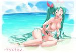  aqua_hair arm_support bikini blush bow breasts closed_eyes hair_bow hatsune_miku highres large_breasts long_hair nipples open_mouth partially_submerged rasukaru side-tie_bikini solo swimsuit twintails very_long_hair vocaloid wardrobe_malfunction water 