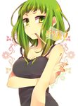  absurdres bad_id bad_pixiv_id bare_shoulders breast_hold breasts cleavage green_eyes green_hair gumi haru_(oomr005) highres looking_at_viewer medium_breasts mouth_hold short_hair solo tank_top vocaloid 