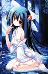  absurdres blue_hair bottomless breasts copyright_request hair_ornament highres japanese_clothes long_hair looking_at_viewer medium_breasts no_bra off_shoulder partially_submerged red_eyes scan sitting solo tenmu_shinryuusai wariza water 