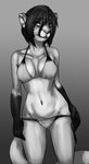 breasts clothed clothing feline female looking_at_viewer mammal monochrome skimpy solo swimsuit tartii 