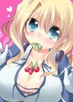  blonde_hair blue_eyes blush bow breasts cherry cleavage food fruit gloves heart kuriyuzu_kuryuu kyoukaisenjou_no_horizon large_breasts long_hair mary_stuart mouth_hold scar solo 