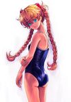  ass bare_shoulders blue_eyes boyaking braid brown_eyes flat_ass long_hair looking_at_viewer neon_genesis_evangelion one-piece_swimsuit orange_hair simple_background smile solo souryuu_asuka_langley swimsuit twin_braids very_long_hair wet white_background 