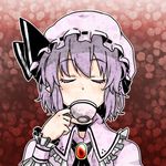  bad_id bad_pixiv_id closed_eyes cup drinking face hat hat_ribbon jewelry lowres maita pointy_ears purple_hair remilia_scarlet ribbon solo teacup touhou wrist_cuffs 