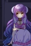  amrita crying crying_with_eyes_open dress frilled_dress frills frown holding_arm horns jewelry lock long_hair lowres necklace odeu pink_hair red_eyes sitting solo sword_girls tears very_long_hair wavy_hair 