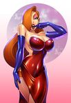  1girl breasts disney elbow_gloves gloves hair_over_one_eye huge_breasts jessica_rabbit lipstick long_hair makeup reiq shiny shiny_clothes solo thighhighs who_framed_roger_rabbit 