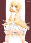  anus ass bad_id bad_pixiv_id bakemonogatari bandaid bandaid_on_pussy blonde_hair cover cover_page doughnut doujin_cover dress dress_lift eating food from_behind kneeling long_hair looking_back monogatari_(series) mytyl oshino_shinobu pointy_ears pon_de_ring pussy_peek solo yellow_eyes 