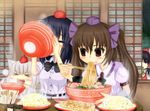  &gt;_&lt; animal_ears black_hair bow bowl brown_hair chopsticks closed_eyes eating food hakurei_reimu hat himekaidou_hatate inubashiri_momiji kamaboko long_hair meandros multiple_girls narutomaki necktie noodles open_mouth puffy_sleeves ramen red_eyes shameimaru_aya short_hair short_sleeves sibelurabbi tokin_hat touhou twintails wide_sleeves window wolf_ears 