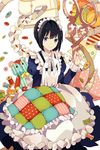  apron black_hair bow frills holding lowres maid maid_headdress mauve needle pillow pin polka_dot purple_eyes quilt ribbon ruler scissors sewing sewing_machine short_hair sitting smile solid_circle_eyes solo spool striped stuffed_animal stuffed_toy sword_girls teddy_bear 