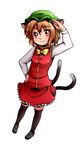  animal_ears bad_id bad_pixiv_id black_legwear bow brown_hair cat_ears cat_tail chen earrings hat jewelry long_sleeves maita multiple_tails red_eyes salute short_hair smile solo standing tail thighhighs touhou white_background 