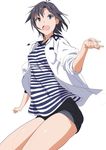  bad_id bad_pixiv_id black_hair idolmaster idolmaster_(classic) jacket kikuchi_makoto open_mouth purple_eyes shino_(comic_penguin_club) short_hair shorts sleeves_pushed_up smile solo 