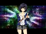  _black_eyes black_cat black_hair blue_jacket blush kirisaki_kyoko neon_background skirt 