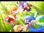  :d arinu blonde_hair blue_eyes blue_hair brown_eyes cirno daiyousei dress green_hair grin hair_bobbles hair_ornament ice ice_wings in_the_face letterboxed luna_child multiple_girls open_mouth orange_hair outstretched_arm punching short_hair smile star_sapphire sunny_milk touhou twintails wings yousei_daisensou 