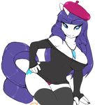  anthro anthrofied beret big_breasts blue_eyes breasts cleavage clothed clothing cutie_mark equine female friendship_is_magic hair hat horn horse legwear long_hair mammal my_little_pony plain_background rarity_(mlp) skimpy smile solo stockings unicorn voxix white_background wide_hips 