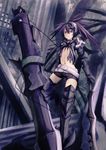  1girl armor belt black_hair black_rock_shooter boots chains dual_wielding glowing greaves highres insane_black_rock_shooter long_hair midriff navel purple_eyes shorts solo thighhighs twintails uneven_twintails weapon 
