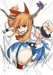  bow chain cuffs hair_bow horn_ribbon horns ibuki_suika long_hair open_mouth orange_eyes orange_hair ribbon shackles sketch skirt smile solo touhou wrist_cuffs zetsumame 