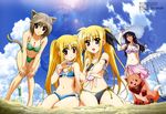  absurdres alicia_testarossa animal_ears arf bandeau beach_umbrella bikini black_hair blonde_hair blue_eyes blush bracelet breasts cleavage cloud crab day fate_testarossa flat_chest hashimoto_takayoshi hat highres jewelry large_breasts lens_flare linith long_hair looking_at_viewer lyrical_nanoha mahou_shoujo_lyrical_nanoha mahou_shoujo_lyrical_nanoha_a's mahou_shoujo_lyrical_nanoha_the_movie_2nd_a's moon multiple_girls navel non-web_source official_art open_mouth parasol planet precia_testarossa purple_eyes red_eyes short_hair siblings side-tie_bikini sisters sky smile sun_hat swimsuit tail thigh_gap trowel twintails umbrella very_long_hair 