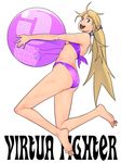  ahoge ass ball barefoot beachball bikini blonde_hair blue_eyes breasts copyright_name earrings g-room_honten hair_ribbon happy jewelry long_hair medium_breasts open_mouth pink_bikini ponytail ribbon sarah_bryant solo swimsuit underboob virtua_fighter virtua_fighter_5 