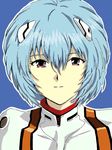  1girl a10_nerve_clips artist_request ayanami_rei blue_background blue_hair neon_genesis_evangelion plugsuit red_eyes short_hair smile solo 
