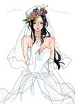  1girl black_hair blue_eyes blush chikichiki_(robitema) dress flower flower_wreath gloves nico_robin one_piece solo wedding_dress white_dress 