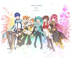  4girls aqua_hair bad_id bad_pixiv_id happy_birthday hatsune_miku highres holding_hands kagamine_len kagamine_rin kaito long_hair megurine_luka meiko multiple_boys multiple_girls open_mouth sitting smile sorano_namida twintails very_long_hair vocaloid 