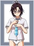  ahoge antenna_hair bespectacled black_hair blush brown_eyes dressing glasses idolmaster idolmaster_(classic) kikuchi_makoto lielos looking_at_viewer necktie panties plaid rough_time_school school_uniform short_hair solo underwear 