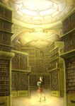  black_hair book bookshelf boots bridge highres holding holding_book library looking_at_viewer original scenery shamogin short_hair solo standing too_many too_many_books 