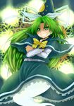  blue_capelet bow capelet crossed_arms ghost_tail green_eyes green_hair grin hat long_hair mima miyoshi_(triple_luck) skirt smile solo touhou touhou_(pc-98) 