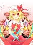  ascot bad_id bad_pixiv_id blonde_hair blue_flower blue_rose bouquet flandre_scarlet floral_background flower hat hat_ribbon incoming_gift looking_at_viewer nekosugi_(hoshi) petals photo_background pink_flower pink_rose red_eyes red_flower red_rose ribbon rose side_ponytail smile solo sparkle touhou wings yellow_flower yellow_rose 