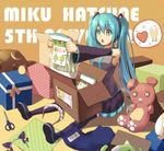  +_+ 1girl :&lt; animal_ears aqua_eyes aqua_hair bison_cangshu box character_name detached_sleeves fake_animal_ears gift green_eyes hatsune_miku heart long_hair necktie open_mouth saliva school_swimsuit scissors sitting skirt solo spring_onion stuffed_animal stuffed_toy swimsuit teddy_bear thighhighs twintails very_long_hair vocaloid 