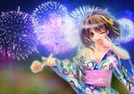  :p bra_strap breasts brown_eyes brown_hair candy_apple fireworks food highres japanese_clothes kimono kyougoku_touya looking_at_viewer short_hair smile solo suzumiya_haruhi suzumiya_haruhi_no_yuuutsu tongue tongue_out yukata 