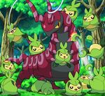  &gt;_&lt; battle closed_eyes forest gen_5_pokemon nature no_humans pokemoa pokemon pokemon_(creature) scolipede swadloon tree 
