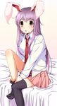  animal_ears bad_id bad_pixiv_id bed black_legwear bunny_ears dress_shirt highres lavender_hair necktie on_bed open_mouth red_eyes red_neckwear reisen_udongein_inaba sawade shirt sitting sitting_on_bed skirt solo thighhighs touhou 