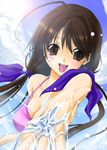  blush breasts brown_eyes brown_hair copyright_request kyougoku_touya long_hair looking_at_viewer medium_breasts open_mouth smile solo water 