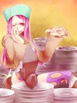 1girl akizuki_hakuto boots eating female food fur_jacket hat high_heel_boots high_heels jewelry_bonney lipstick makeup one_piece patterned_legwear piercing pink_hair pizza plate sabaody_archipelago shorts sitting solo striped_shorts suspenders thighhighs wink 