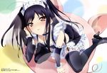  absurdres accel_world black_hair black_legwear brown_eyes detached_sleeves garter_straps headdress highres kneeling kuroyukihime long_hair long_legs maid megami non-web_source official_art solo tabata_hisayuki thighhighs twintails very_long_hair 