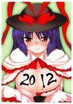  2012 blue_hair blush bow breasts capelet cleavage gonzaburo hat hat_bow huge_breasts nagae_iku red_eyes short_hair solo touhou 
