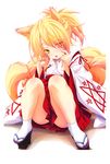  :o absurdres animal_ears blonde_hair blush fox_ears fox_tail geta high_school_dxd highres japanese_clothes kunou_(high_school_dxd) looking_at_viewer miko miyama-zero multiple_tails official_art pentagram ponytail scan sitting solo tabi tail yellow_eyes 