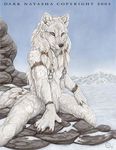  canine compression_artifacts dark_natasha hair jewelry male mammal nude outside rock snow solo white_hair wolf 