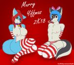  2018 anthro black_nose blue_fur blue_hair bow breasts candy candy_cane canine christmas clothing collar english_text female fey96 fey_(fey96) food fox fur girly grey_fur hair heterochromia holidays kyra_tucker_(fey96) legwear male mammal marble_fox nipples panties pink_fur pose red_eyes red_fox red_hair simple_background smile socks text thick_thighs thigh_highs tongue tongue_out underwear white_fur 