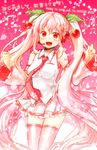  :d bare_shoulders blush cherry cherry_hair_ornament detached_sleeves food food_themed_hair_ornament fruit hair_ornament hatsune_miku headset kl long_hair necktie open_mouth pink_hair pink_legwear red_eyes sakura_miku skirt smile solo thighhighs twintails very_long_hair vocaloid 