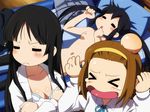  3girls akiyama_mio angry areolae bed black_hair blonde_hair blush bra breasts brown_hair cleavage crossed_arms eyes_closed highres k-on! long_hair lying lying_down multiple_girls nakano_azusa naked navel nipples nude open_clothes open_mouth open_shirt pillow same school_uniform shirt short_hair skirt small_breasts standing sweat tainaka_ritsu tears twintails underwear 