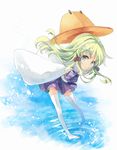  alternate_hair_color aqua_eyes blush green_hair hat long_hair looking_at_viewer moriya_suwako sen1986 smile solo thighhighs touhou water white_legwear 