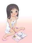  anyannko barefoot between_legs black_hair blush book brown_eyes camisole child feet flat_chest hand_between_legs highres long_hair open_mouth original sitting solo tan tanline wariza 